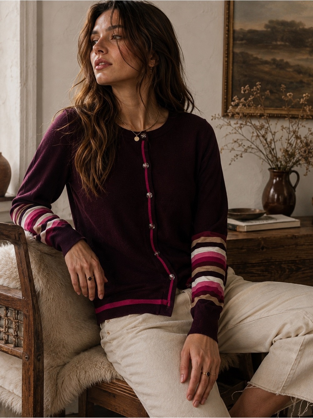 St. John's Bay Plum Cardigan with Pink and Cream Stripes